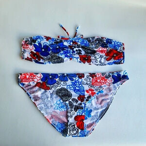 On Shore Women's Sz L Floral Twist Bandeau Bikini Swim Set Red Blue White